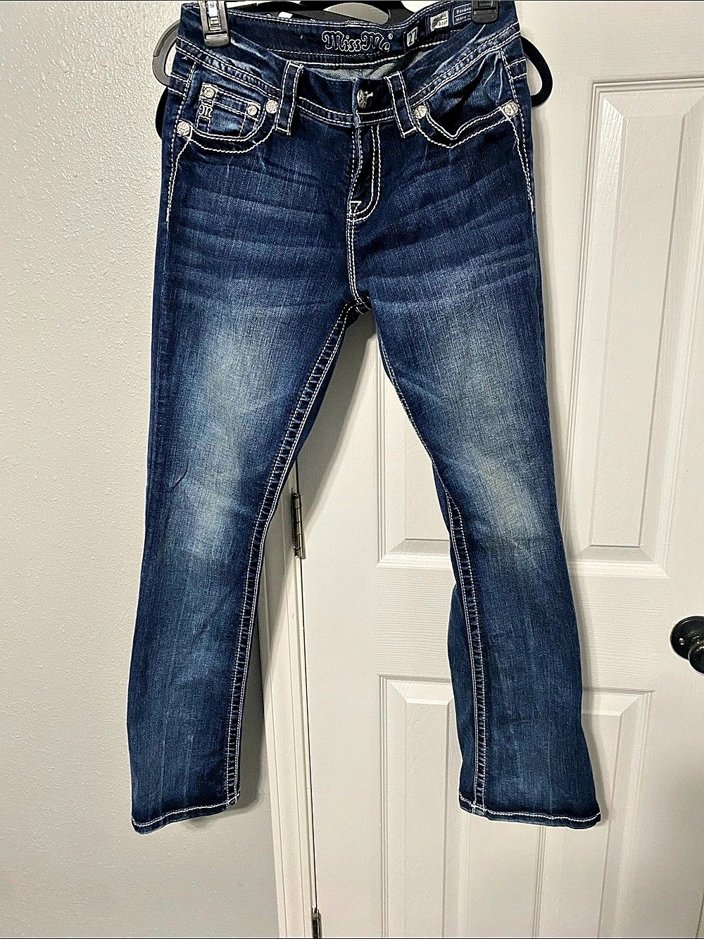 Y2K Women’s size 27 Miss Me Mid-Rise Easy Boot Rhinestone Flap Pocket Jeans